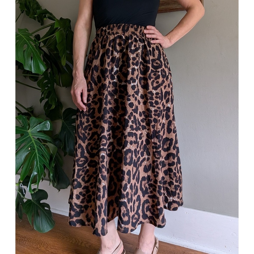 Leopard Print Maxi Skirt Full Volume Elastic Waist Animal Safari City Travel Med